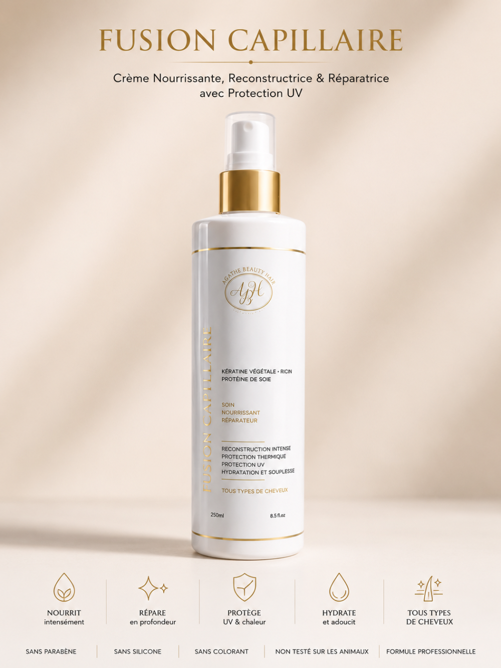 FUSION CAPILLAIRE – Crème Nourrissante, Reconstructrice & Réparatrice avec Protection UV – Agathe Beauty Hair, photo 2