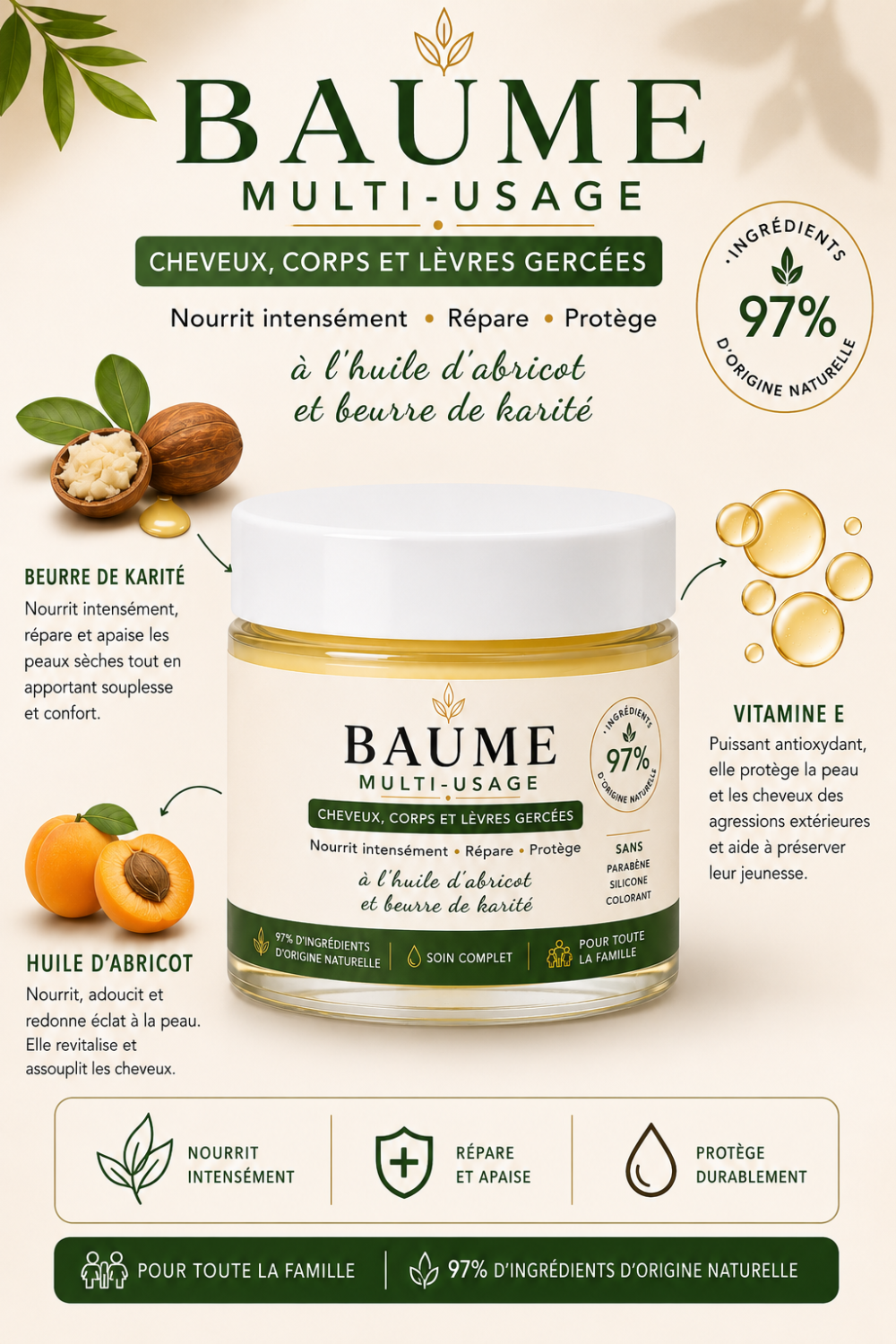 Baume multi usages pour cheveux, peau ,lévres BAUME MULTI USAGES